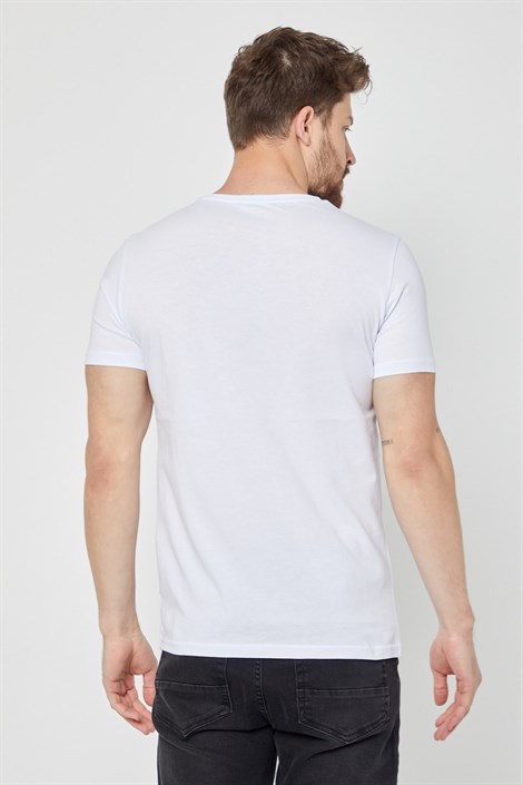 COMEOR Erkek Beyaz Önü Baskılı Kısa Kollu Bisiklet Yaka Basic Slim Fit T-shirt