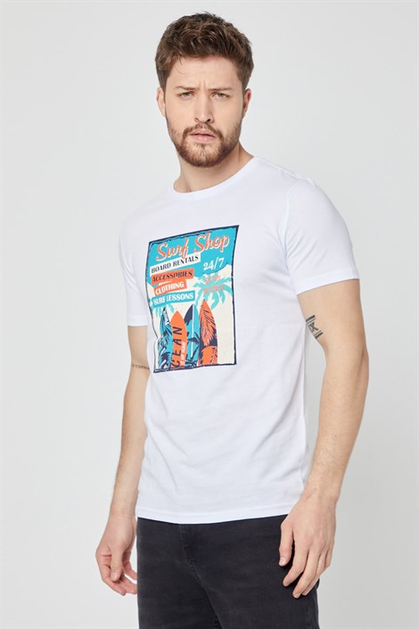 COMEOR Erkek Beyaz Önü Baskılı Kısa Kollu Bisiklet Yaka Basic Slim Fit T-shirt