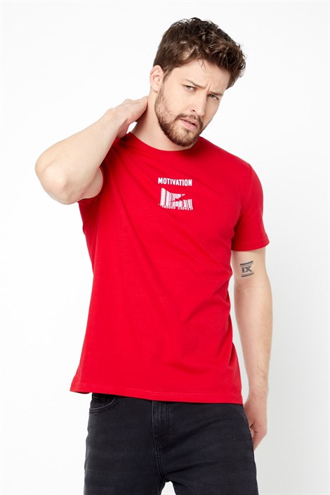 COMEOR Erkek Kırmızı Önü Baskılı Kısa Kollu Bisiklet Yaka Basic Slim Fit T-shirt