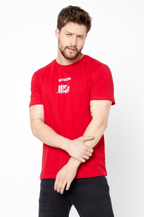COMEOR Erkek Kırmızı Önü Baskılı Kısa Kollu Bisiklet Yaka Basic Slim Fit T-shirt