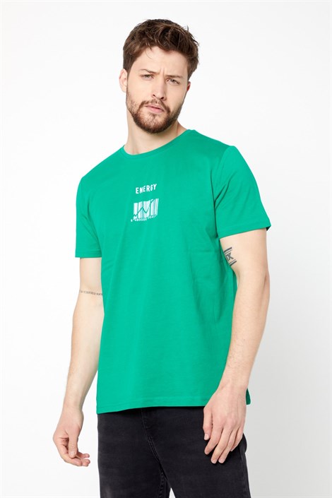 COMEOR Erkek Yeşil Önü Baskılı Kısa Kollu Bisiklet Yaka Basic Slim Fit T-Shirt
