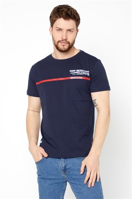 COMEOR ERKEK Lacivert Önü Baskılı Kısa Kollu  Basic Slim Fit T-Shirt
